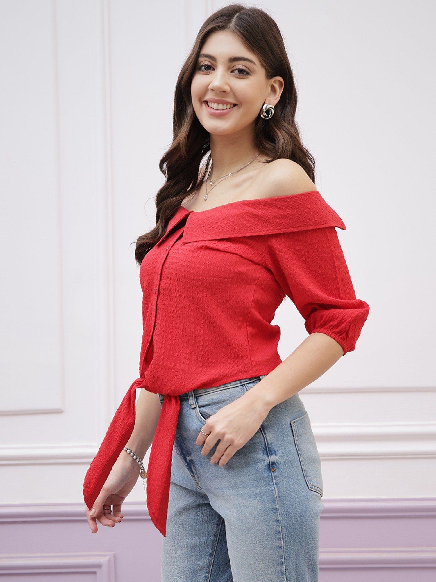 immutable off-shoulder waist tie-ups bardot red crop top