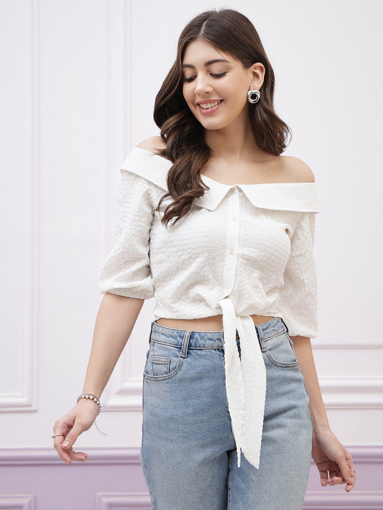 immutable off-shoulder waist tie-ups bardot white crop top