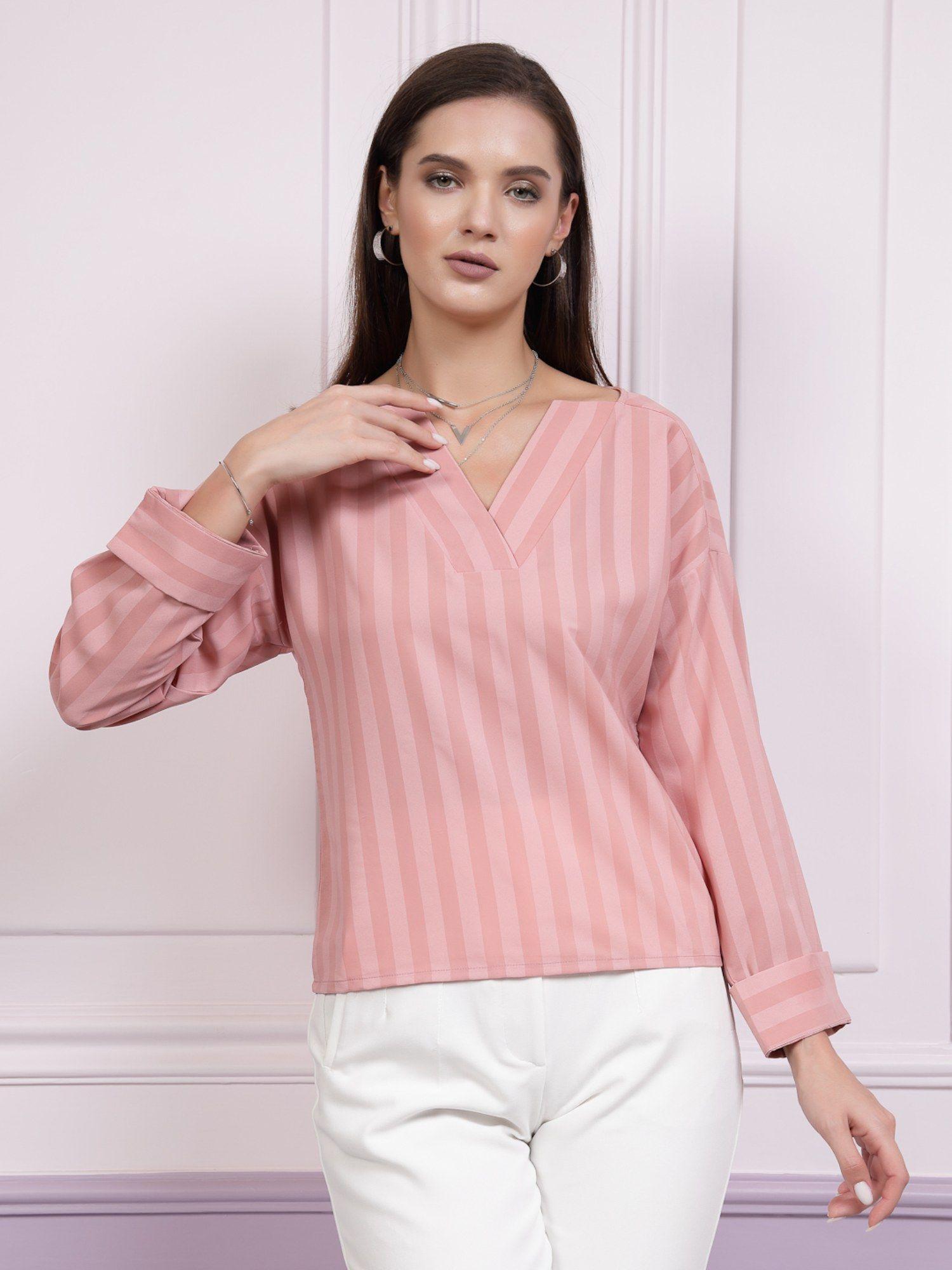 immutable stripes v-neck cuffed sleeves pink regular top