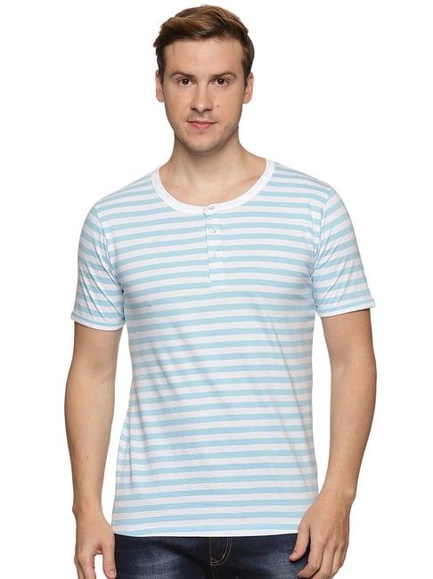 impackt blue & white cotton slim fit striped henley t-shirt