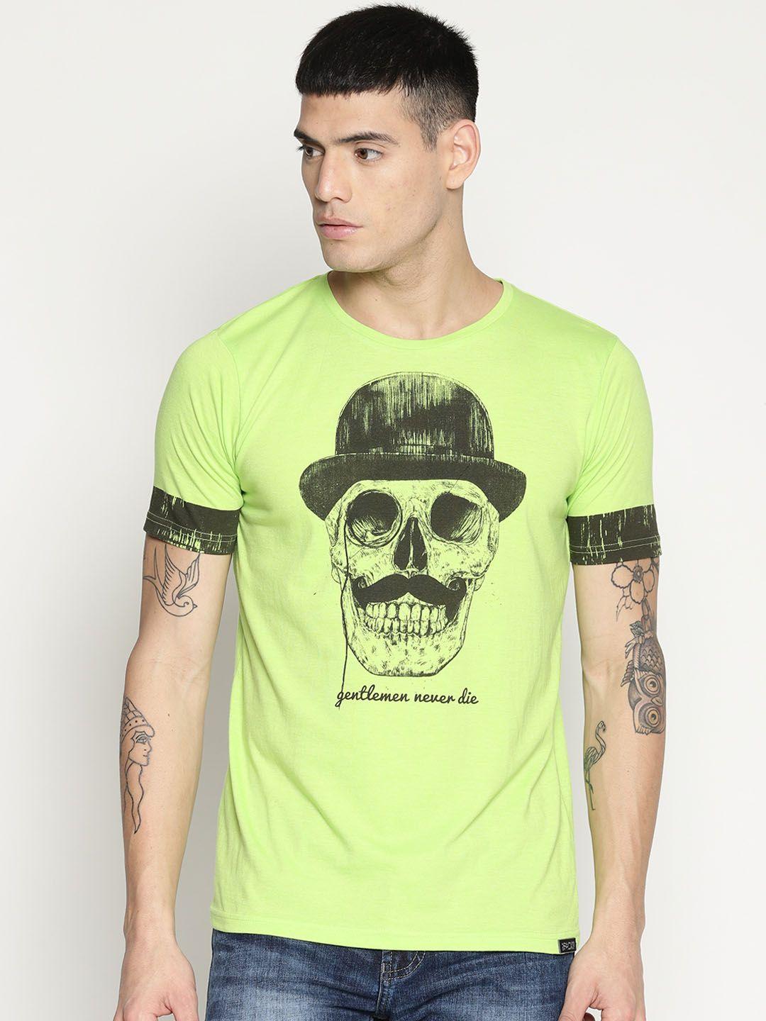 impackt men lime green & grey printed round neck t-shirt