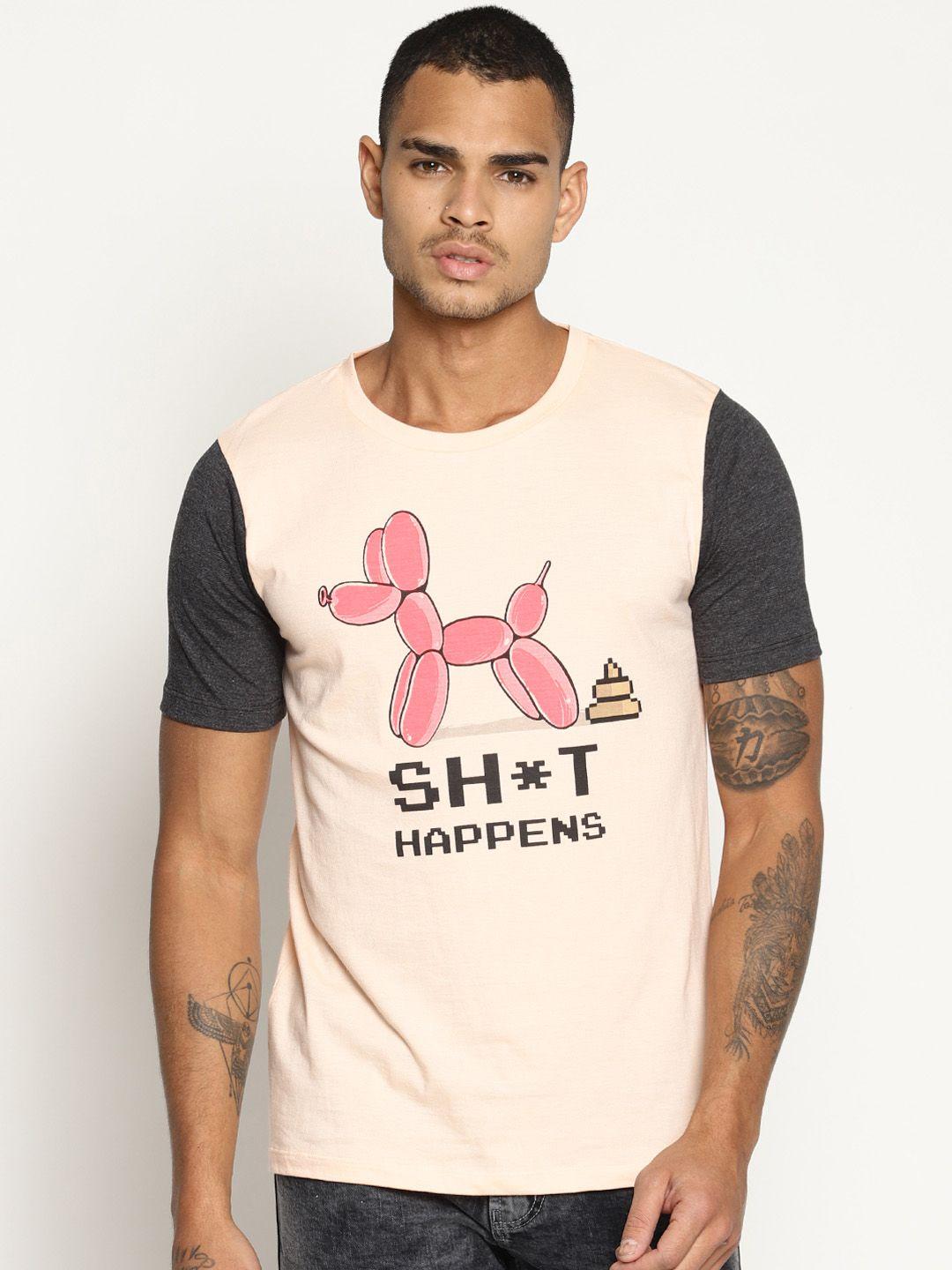 impackt men peach-coloured printed round neck t-shirt