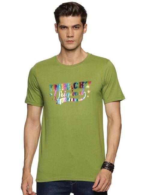 impackt olive slim fit printed cotton crew t-shirt