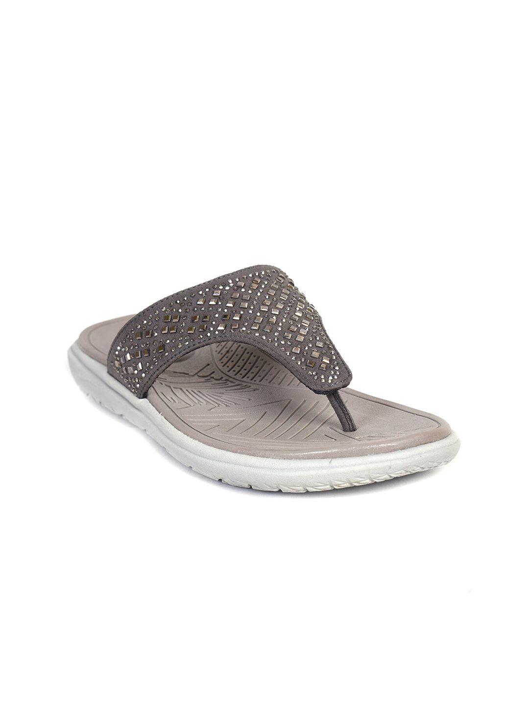 impakto women grey textured t-strap flats with laser cuts