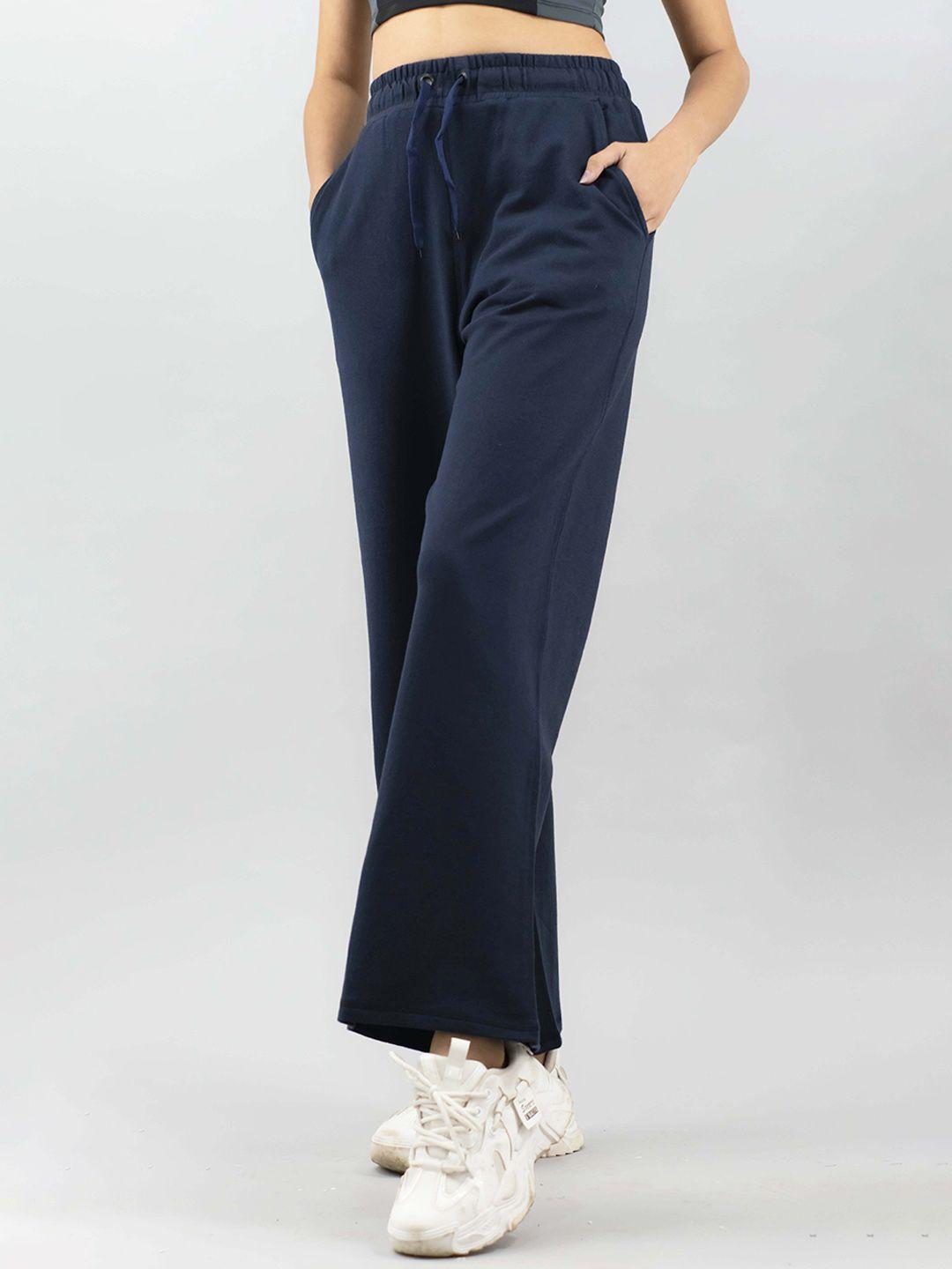 imperative women navy blue relaxed flared high-rise trousers