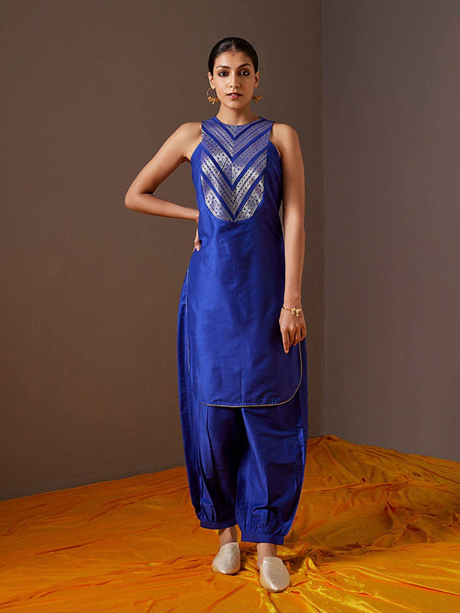 imperial blue banarasi zari yoke high low kurta