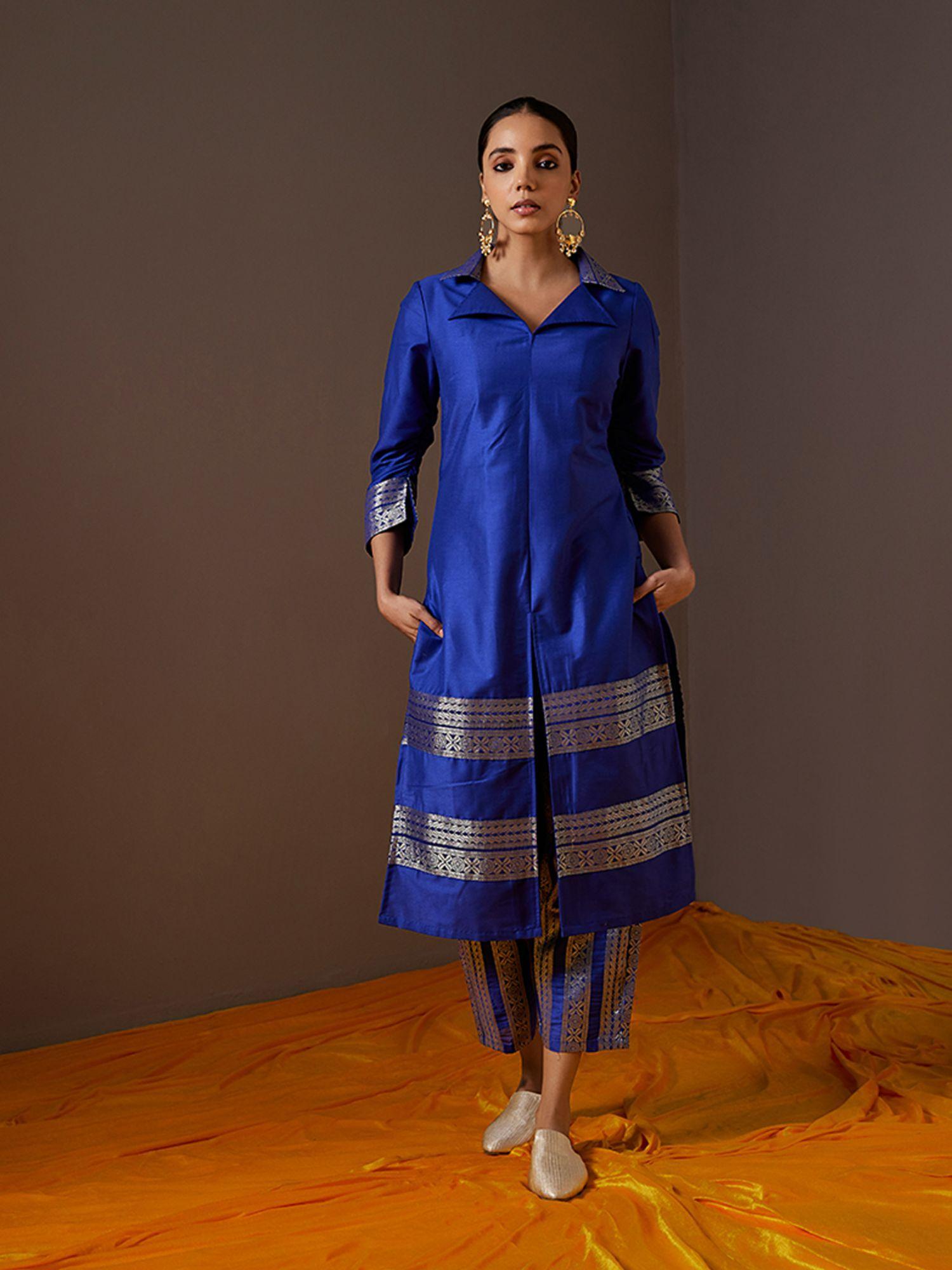 imperial blue collared banarasi kurta with banarasi zari border