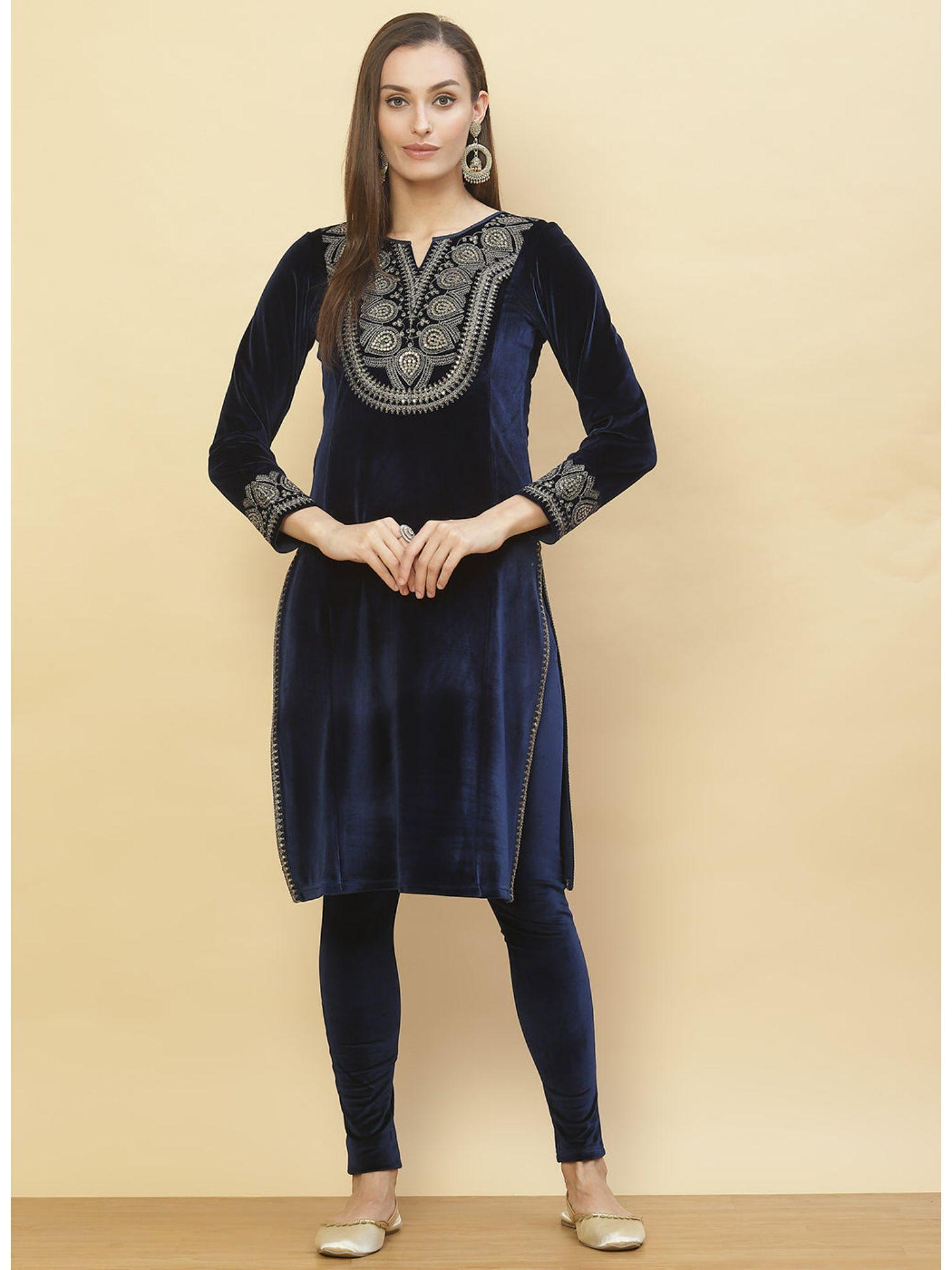 imperial blue embroidered velvet kurti