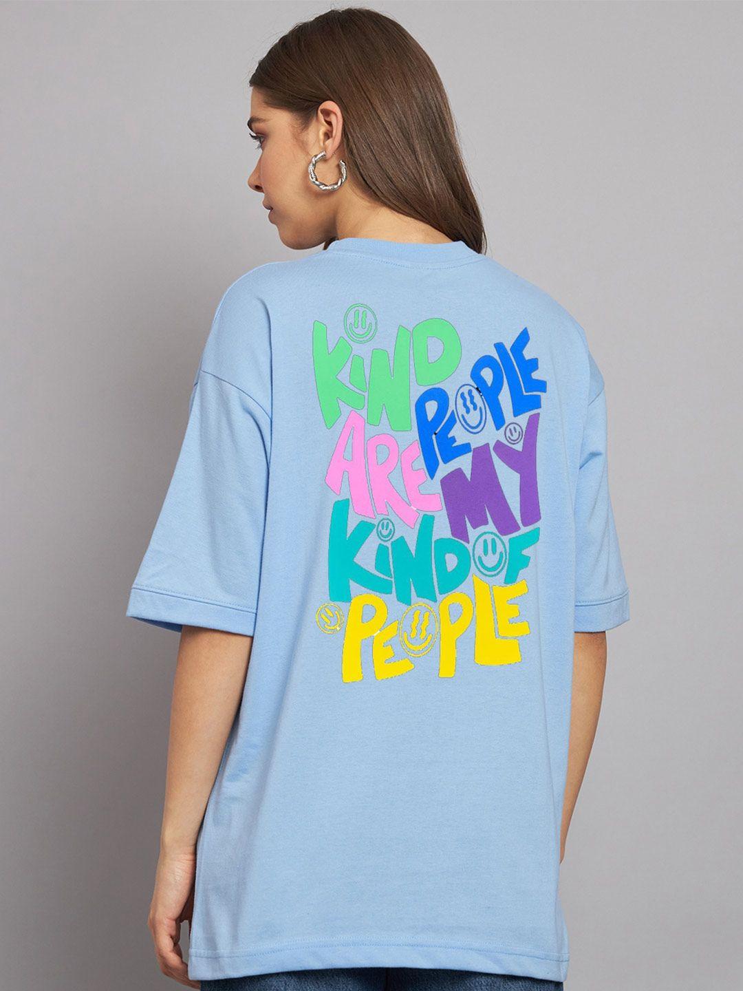 imsa moda women blue typography printed raw edge t-shirt