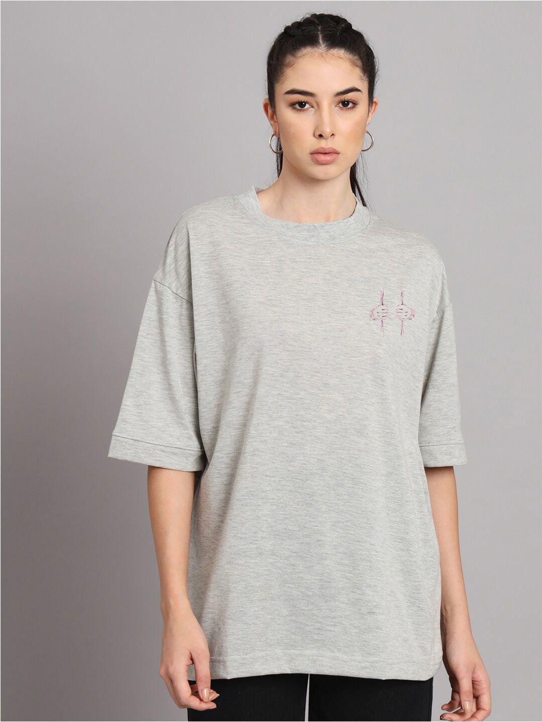 imsa moda women grey typography printed raw edge t-shirt