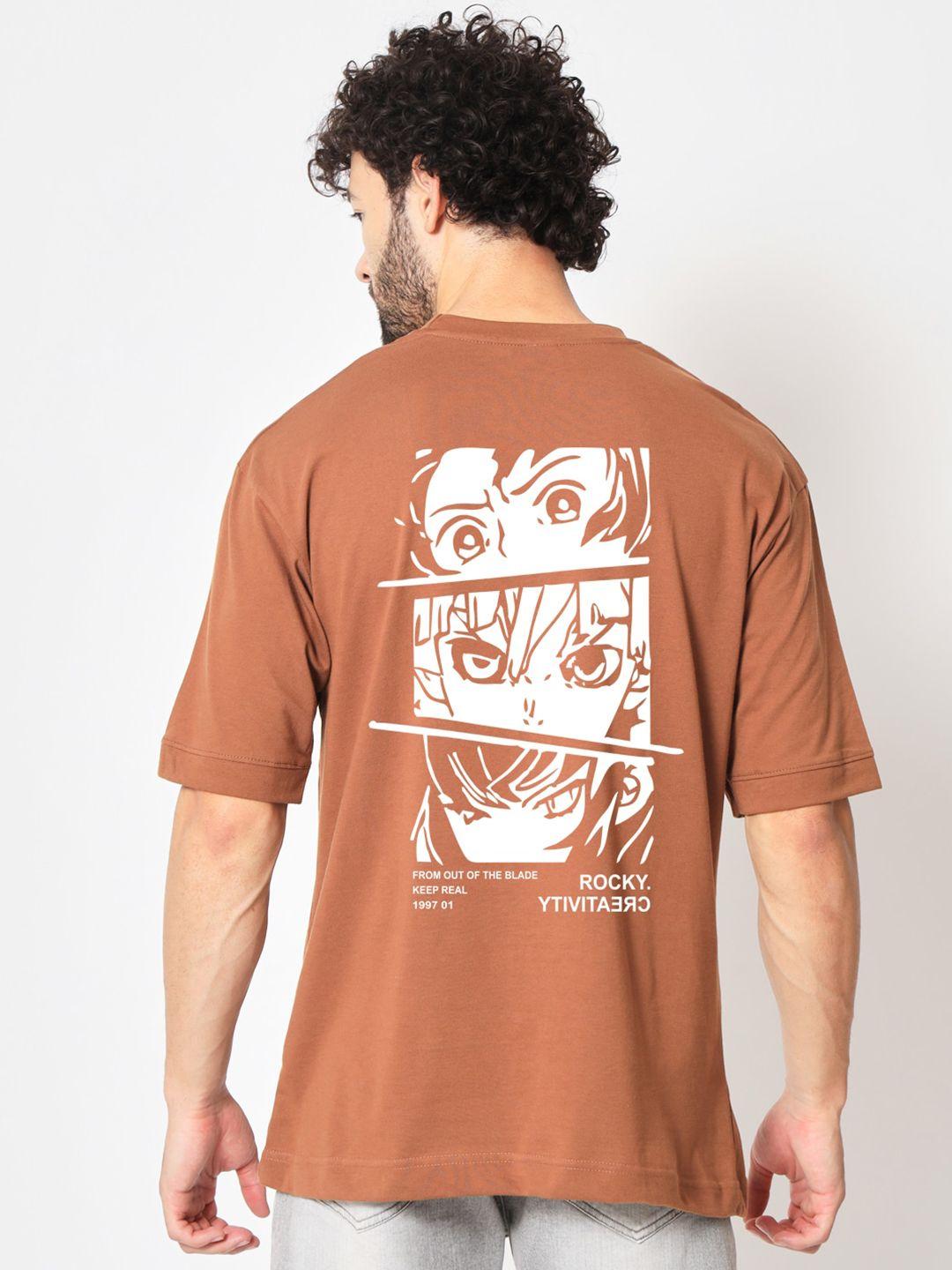 imsa moda men coffee brown typography printed raw edge t-shirt
