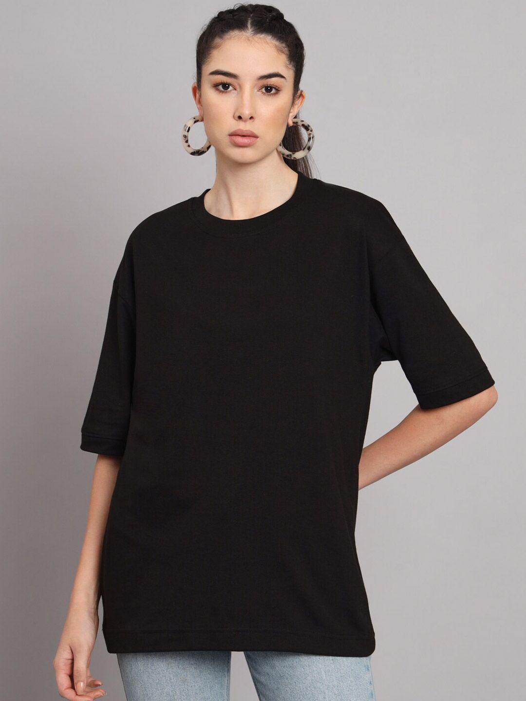 imsa moda women black v-neck drop-shoulder sleeves raw edge loose t-shirt