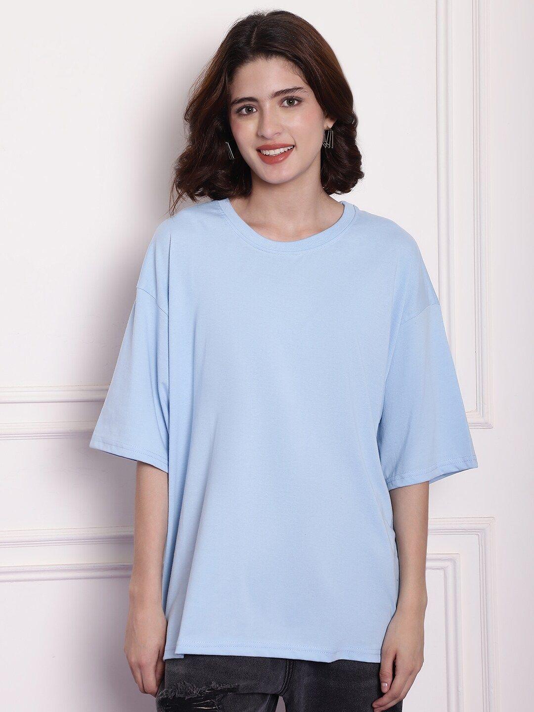 imsa moda women blue drop-shoulder sleeves raw edge t-shirt