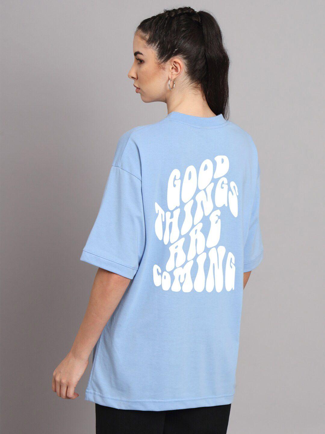 imsa moda women blue typography printed raw edge loose t-shirt