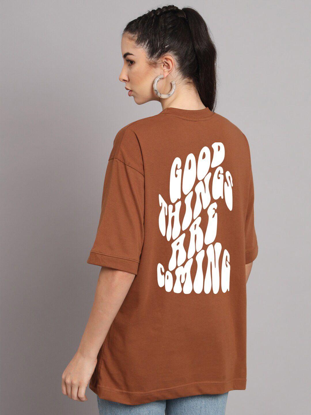 imsa moda women coffee brown typography printed raw edge loose t-shirt