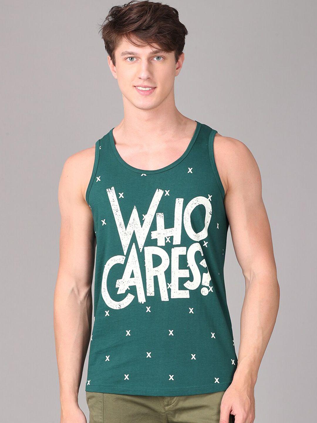 imyoung men green printed cotton slim-fit sleeveless t-shirt