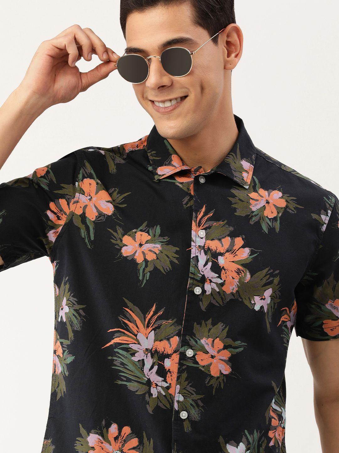 imyoung men navy blue floral printed casual shirt