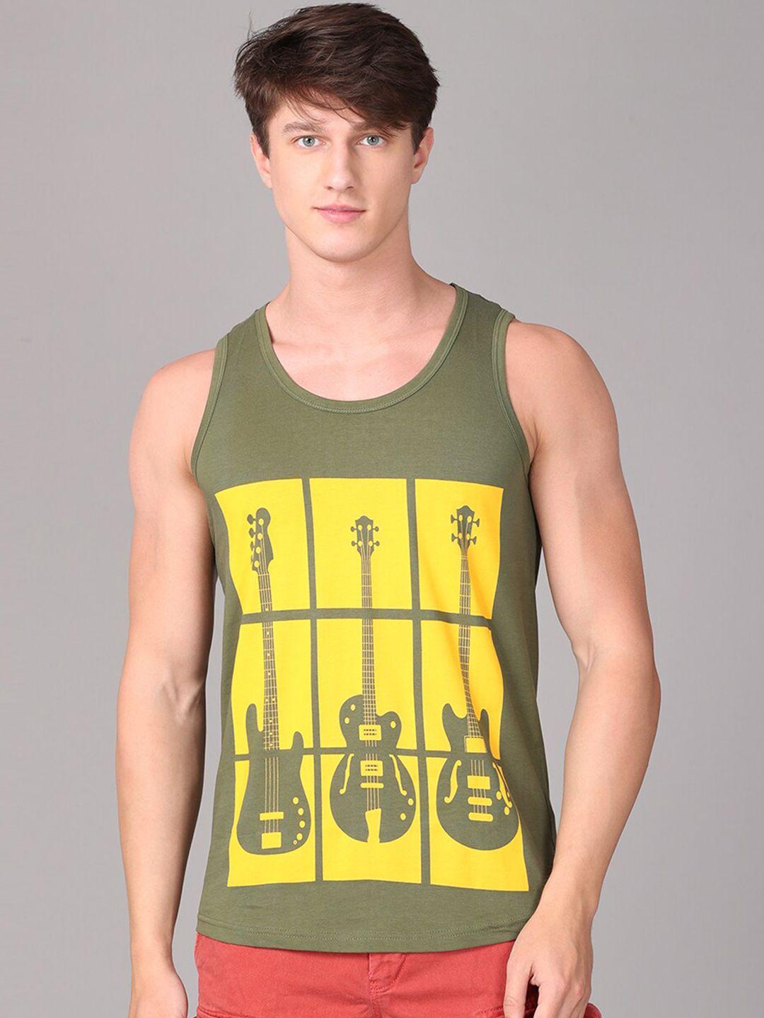 imyoung men olive green & yellow conversational printed innerwear vests