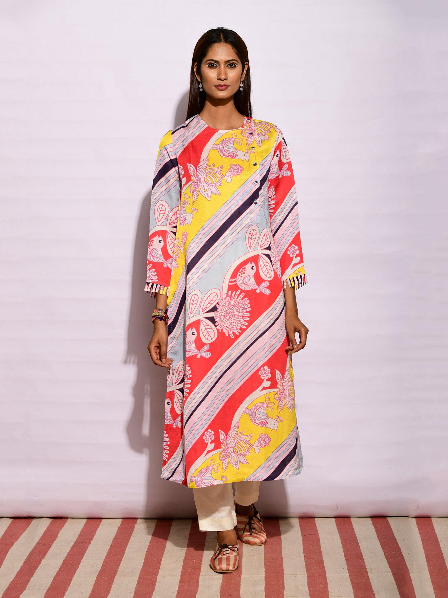 in bloom multicolor big diagonal print kurta