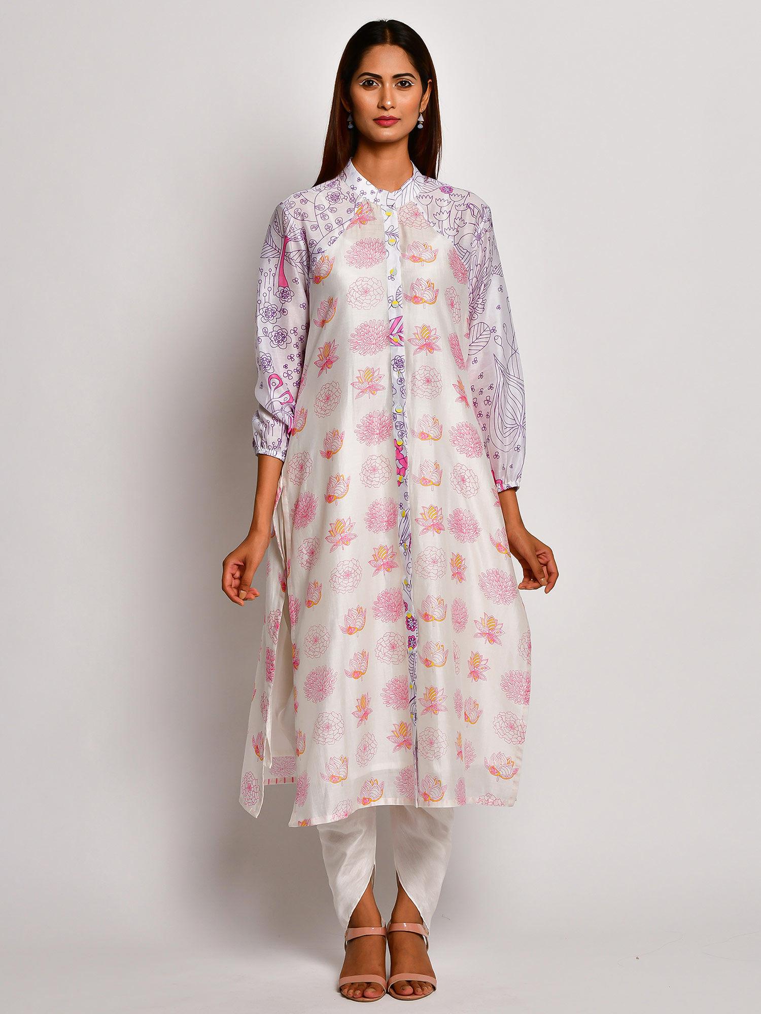 in bloom off white floral kurta with dhoti pants (set of 2)