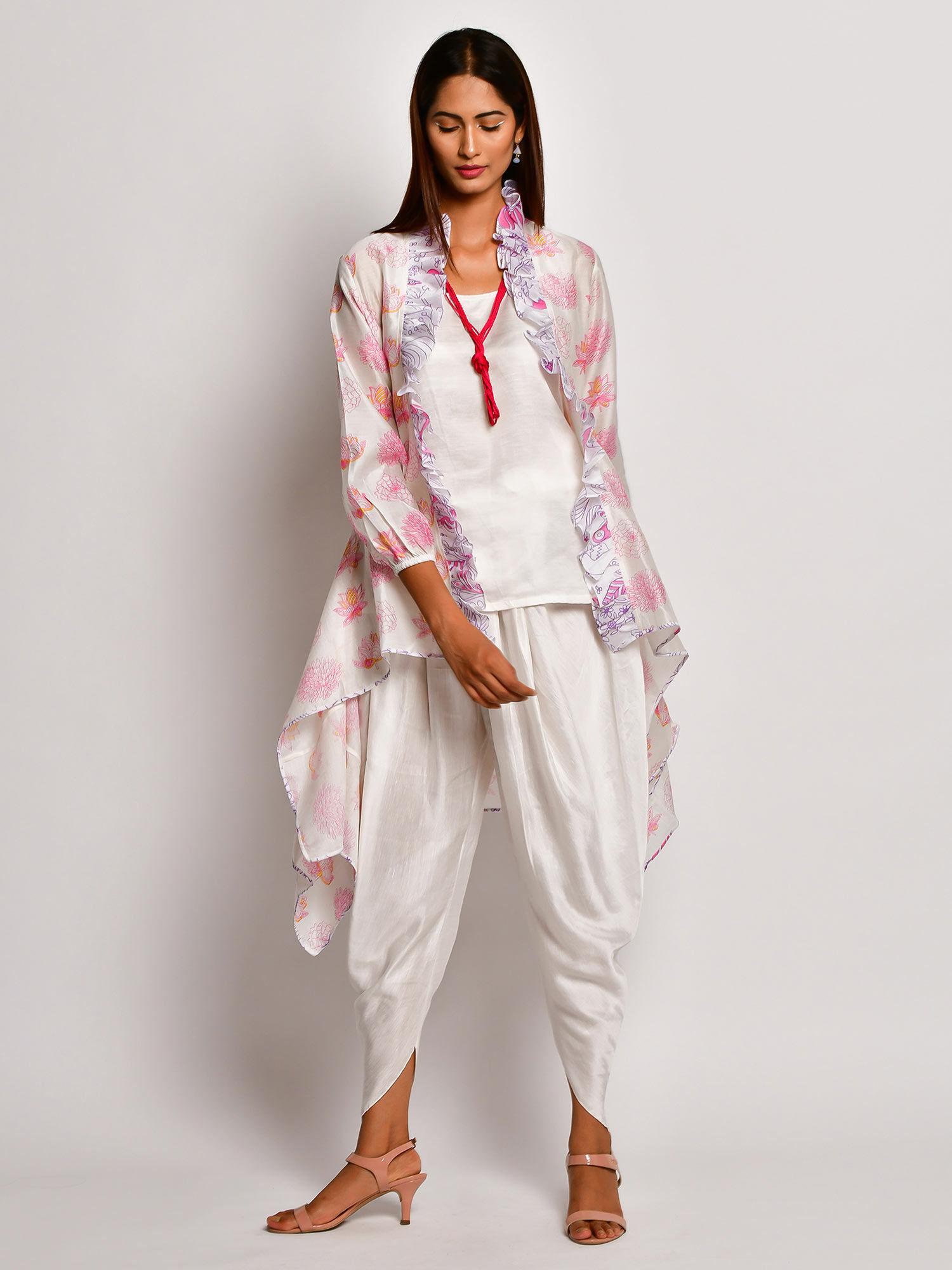 in bloom off white frill jacket with camisole and dhoti pants (set of 3)