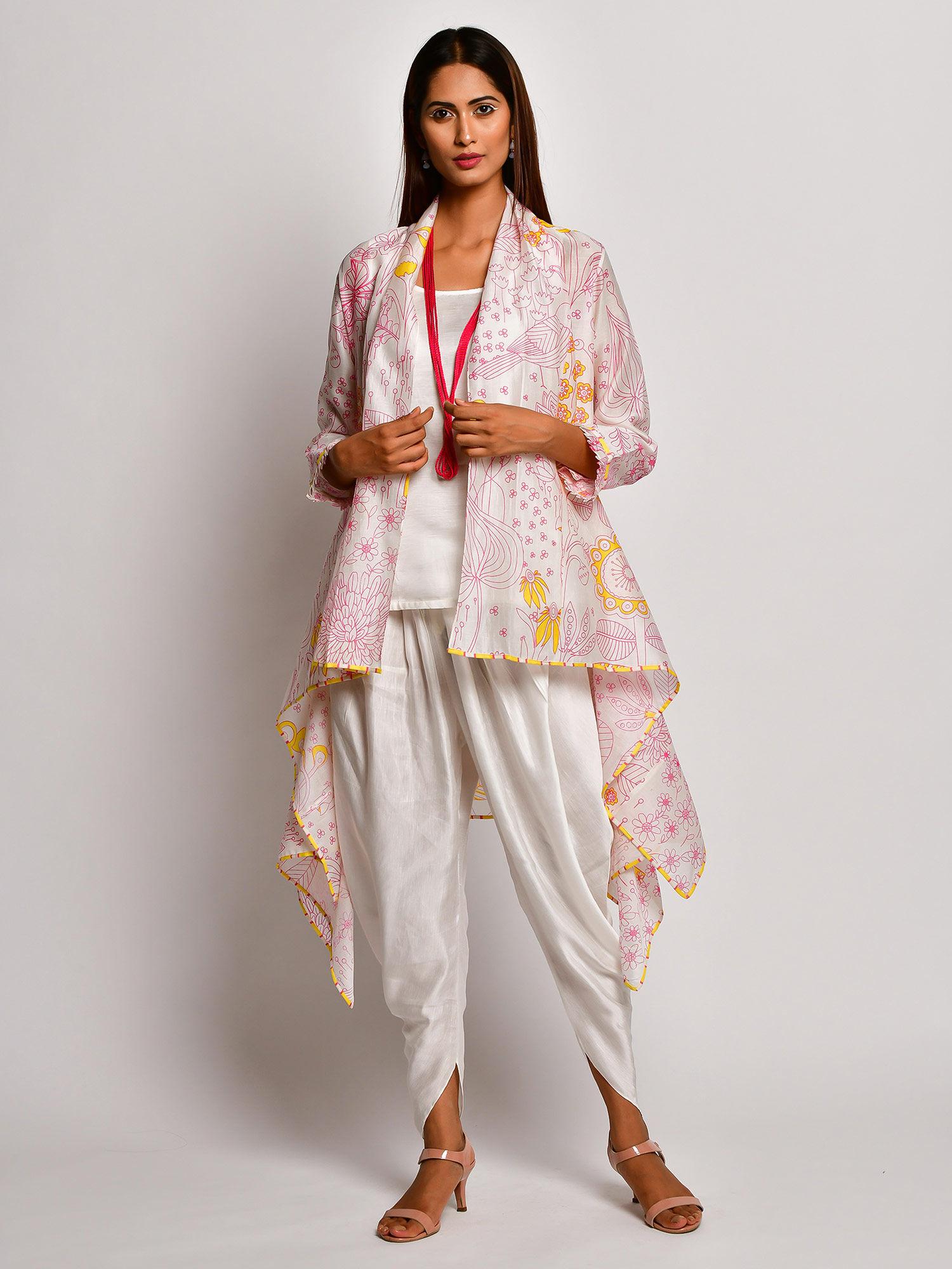 in bloom off white printed jacket with camisole and dhoti pants (set of 3)