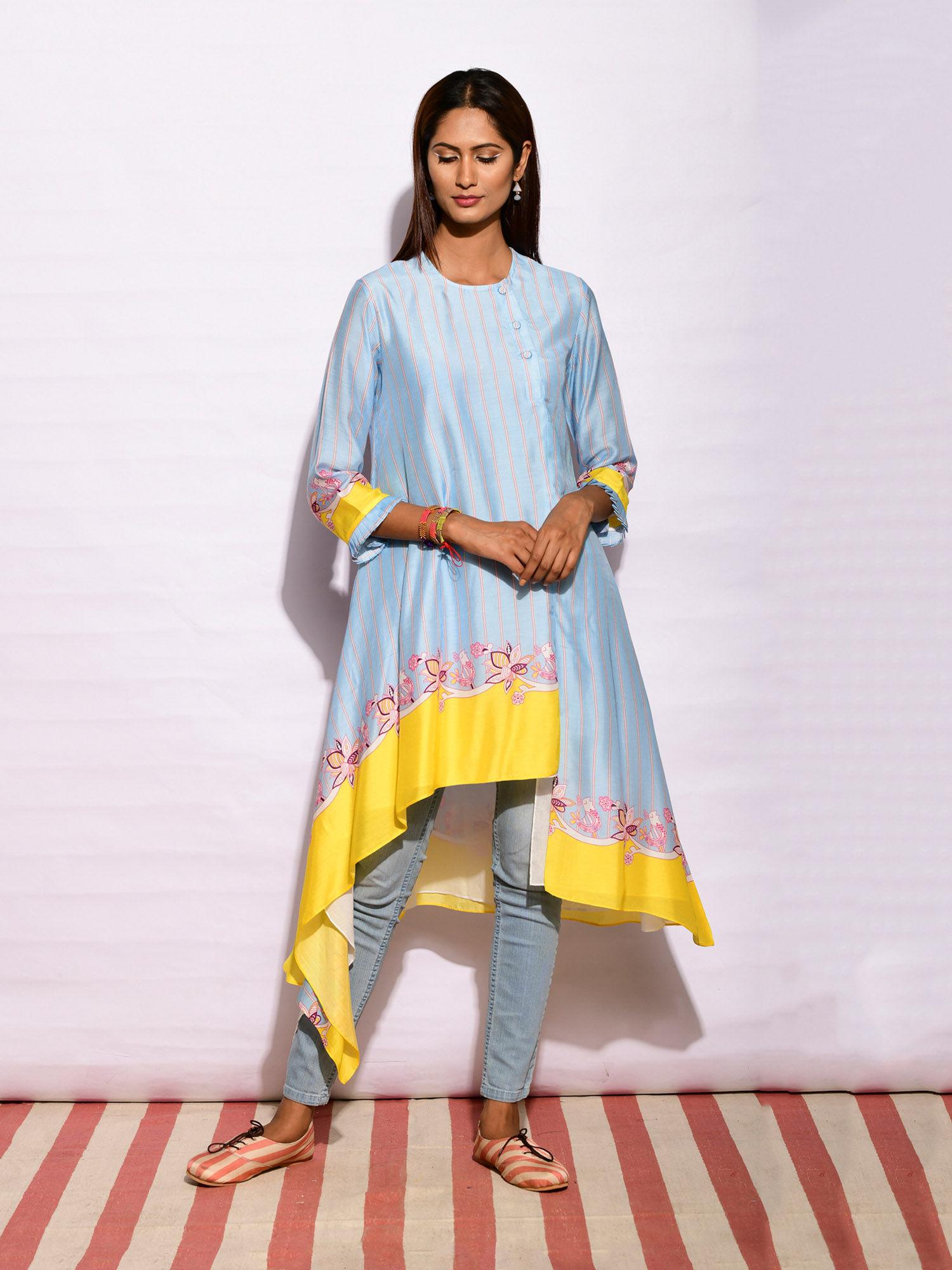 in bloom sky blue asymmetric printed tunic