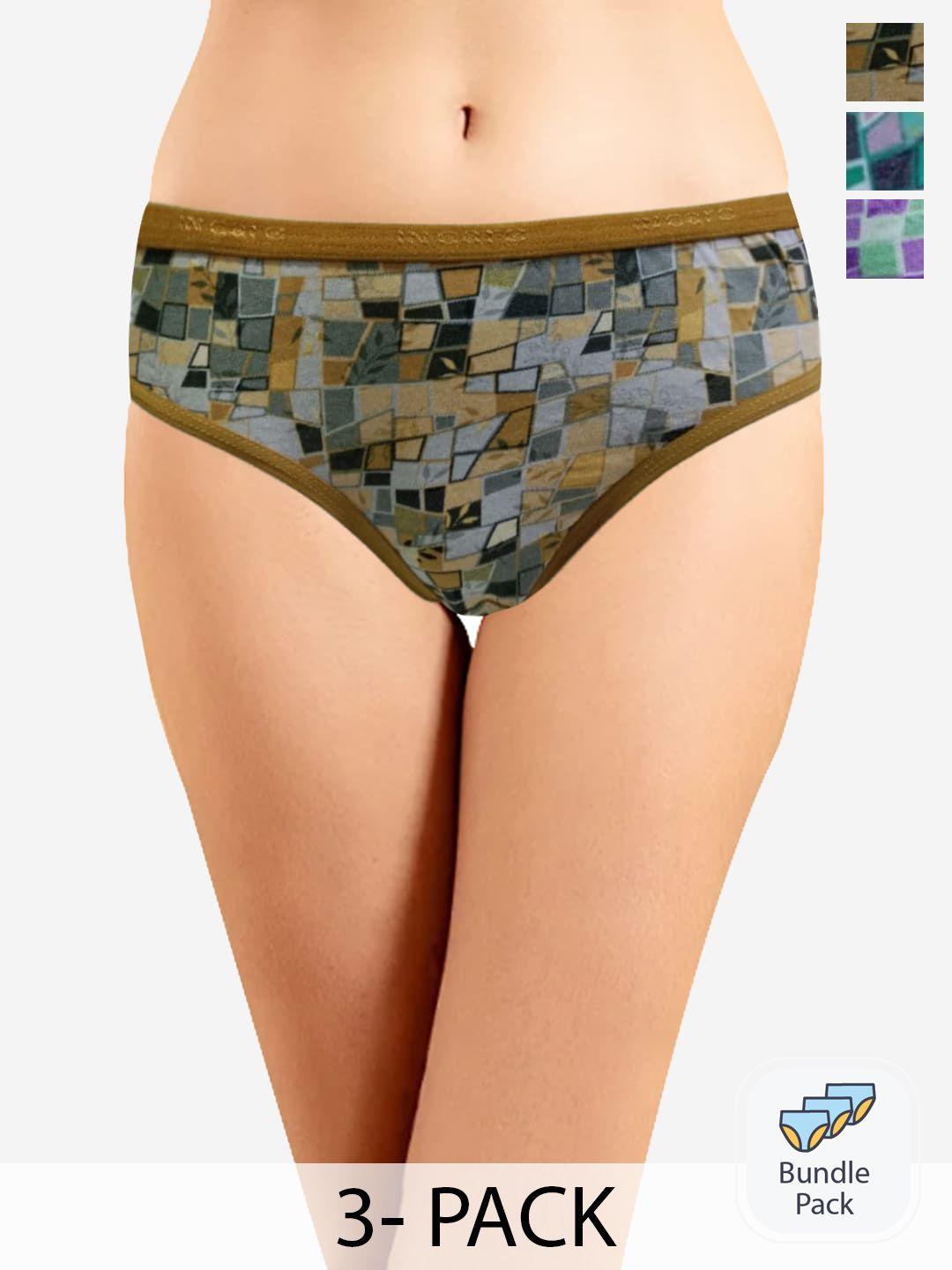 in care pack of 3 geometric printed pure cotton mid-rise hipster briefs