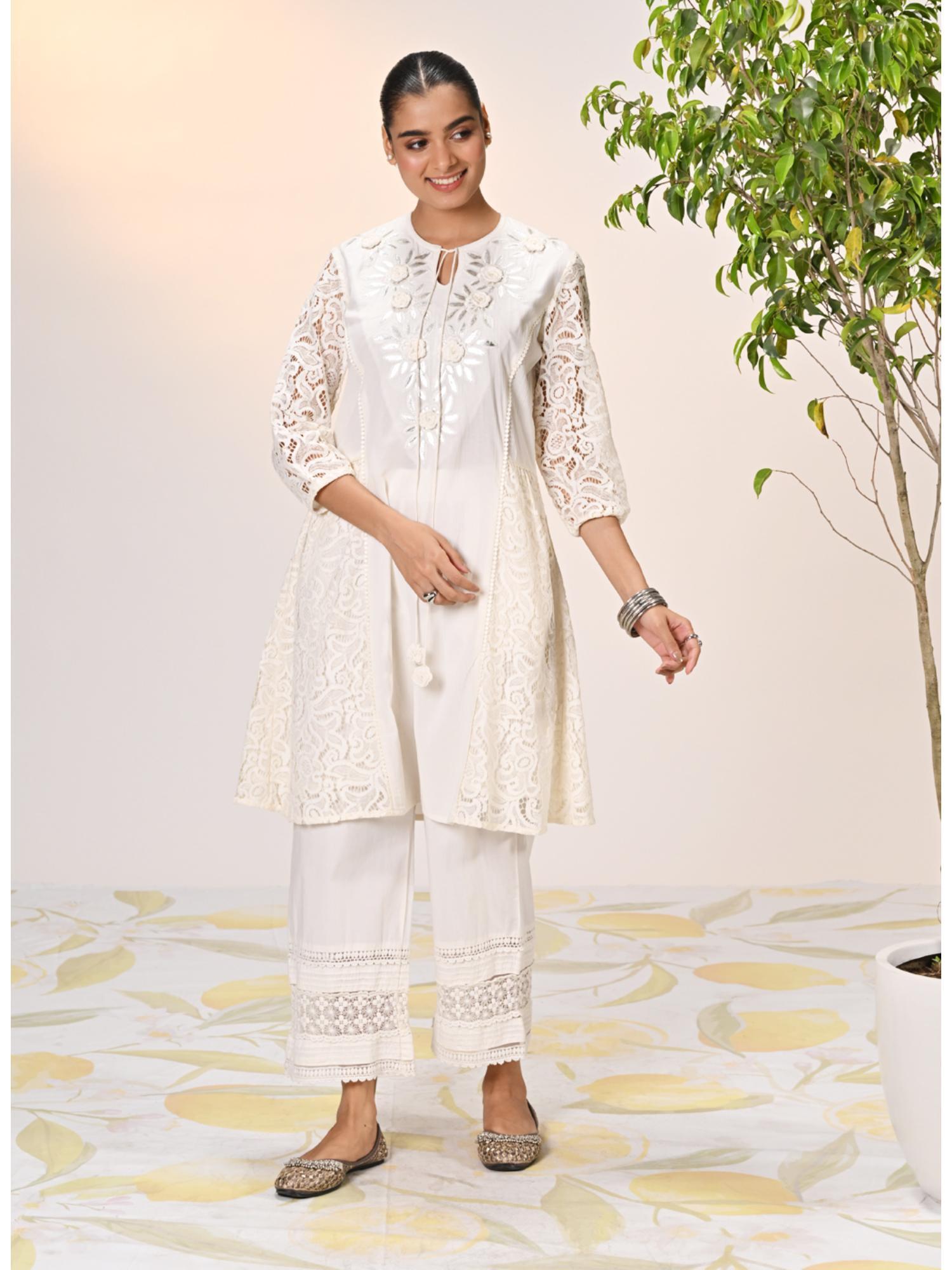 inaara ivory embroidered raschel net kurta