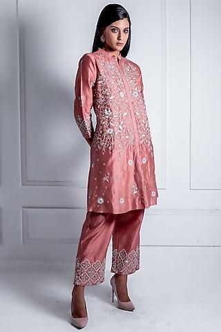 inara pink silk chanderi embroidered a-line kurta set
