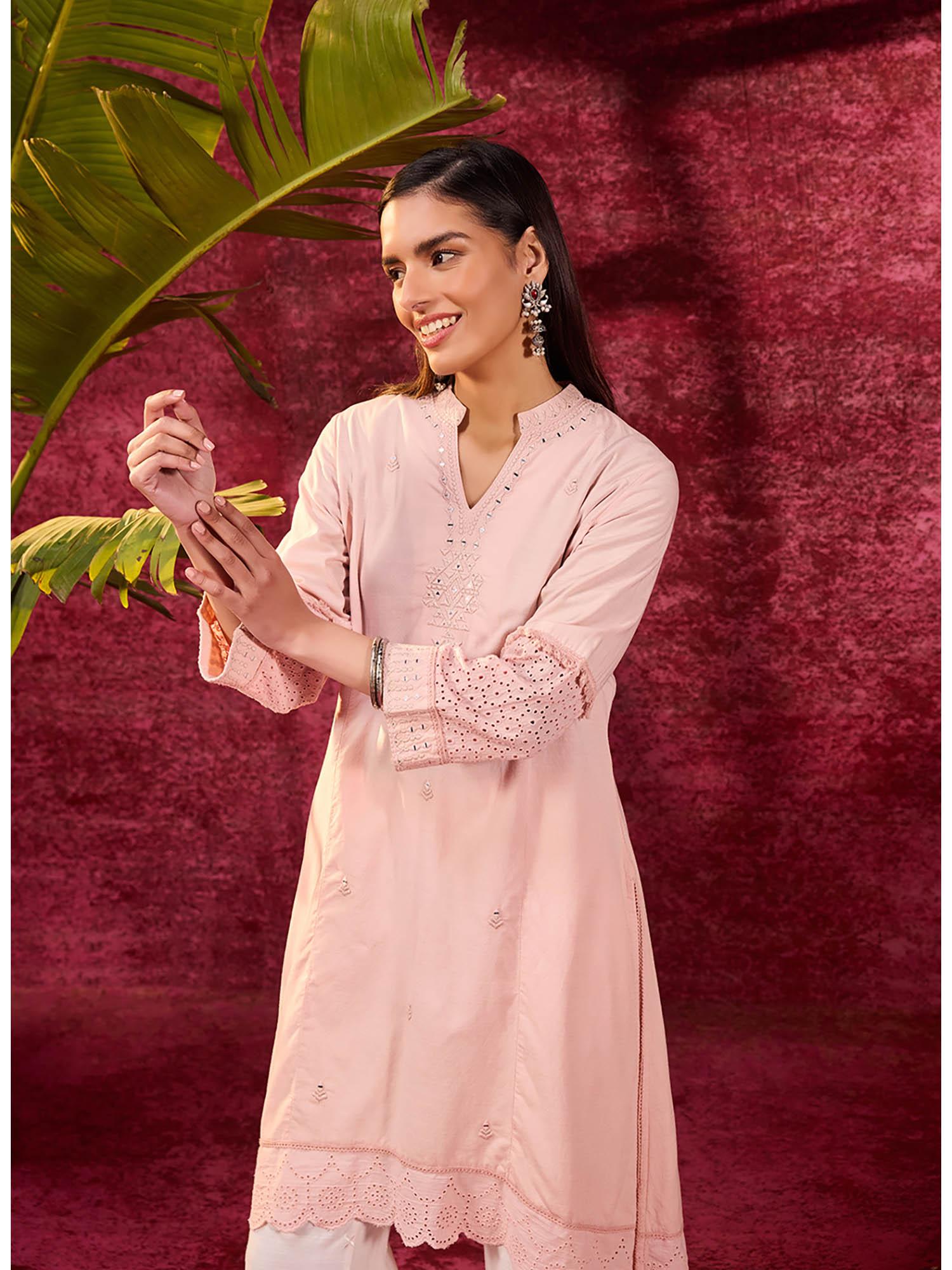 inaya salmon pink embroidered cotton linen slub kurta for women