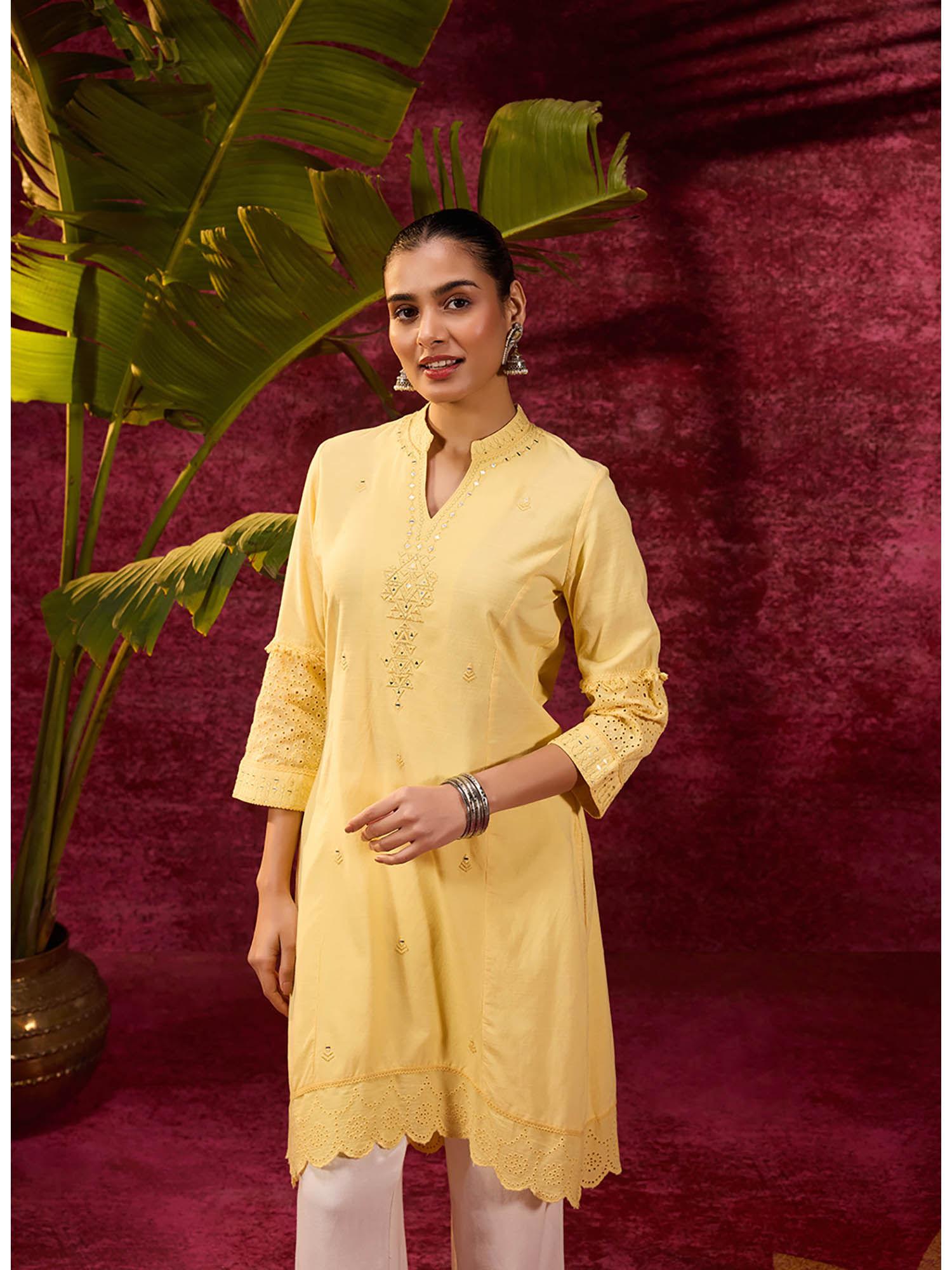 inaya yellow embroidered cotton linen slub kurta for women