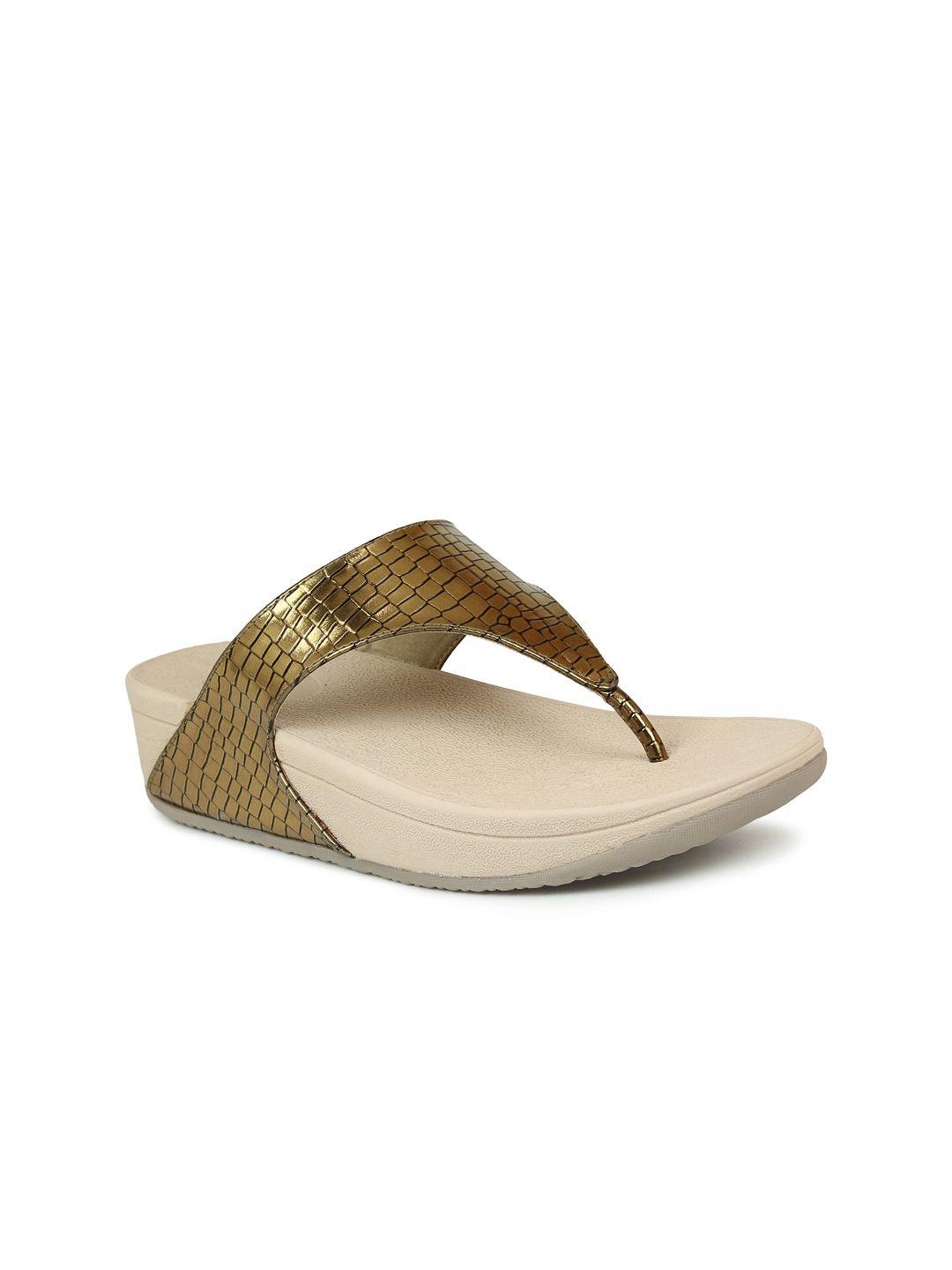 inc 5 gold-toned & beige textured ethnic wedge sandals