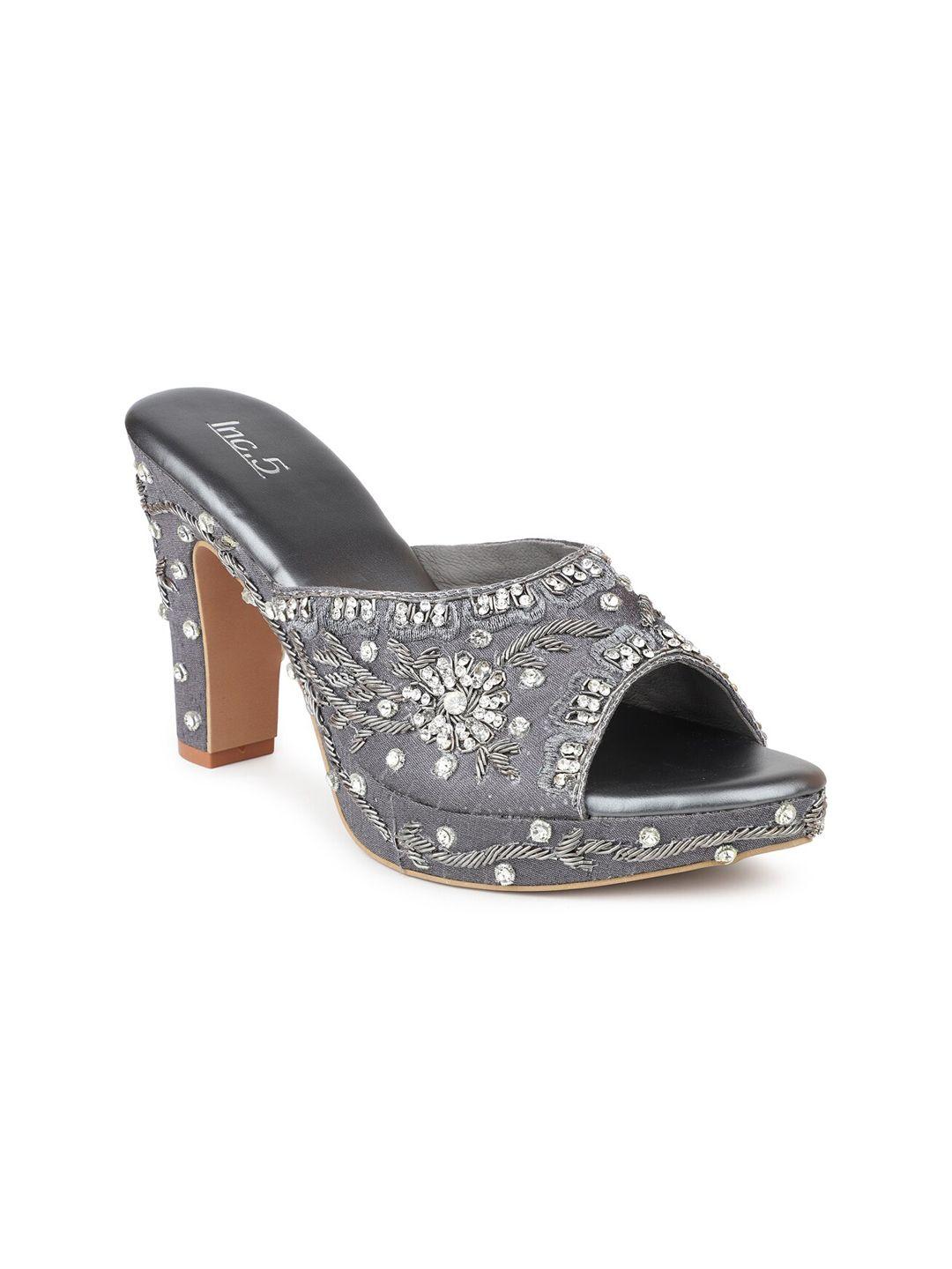inc 5 women gunmetal-toned embellished peep toe party block heels