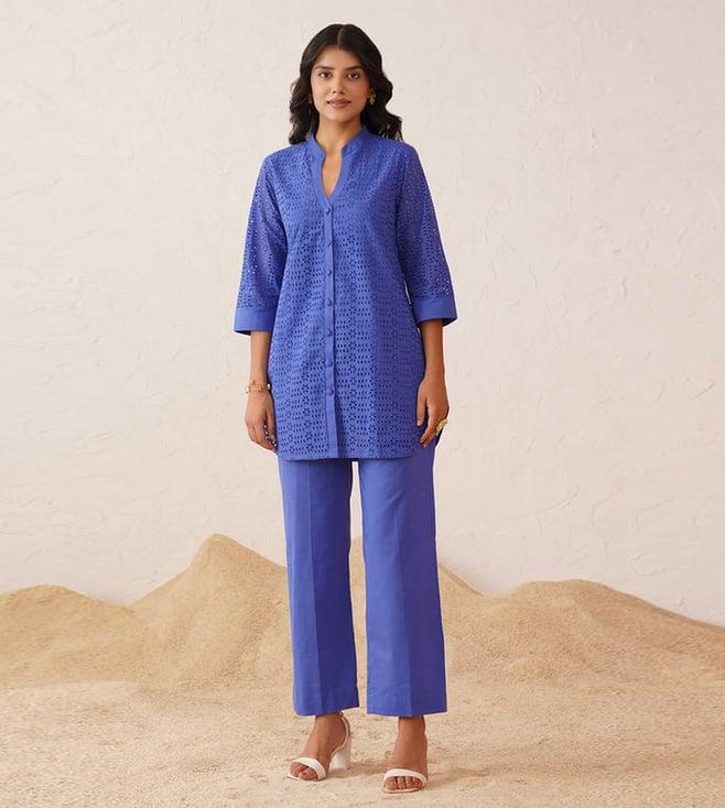 inching india blue indian summer blue cutwork top with pant co-ord set