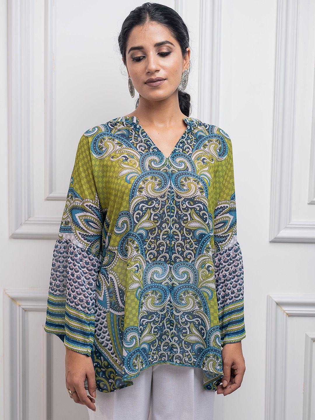 inching india ethnic motifs printed flared sleeves top & linen trousers co-ords