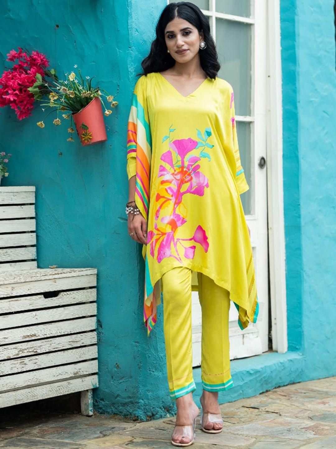 inching india floral printed v-neck three-quarter sleeve kaftan co-ords