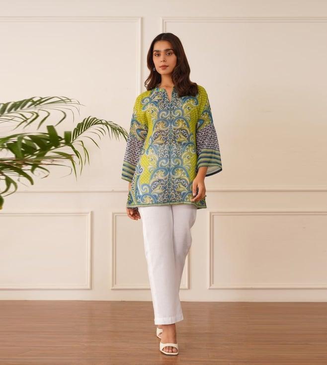 inching india green, blue & white rangmanch printed top