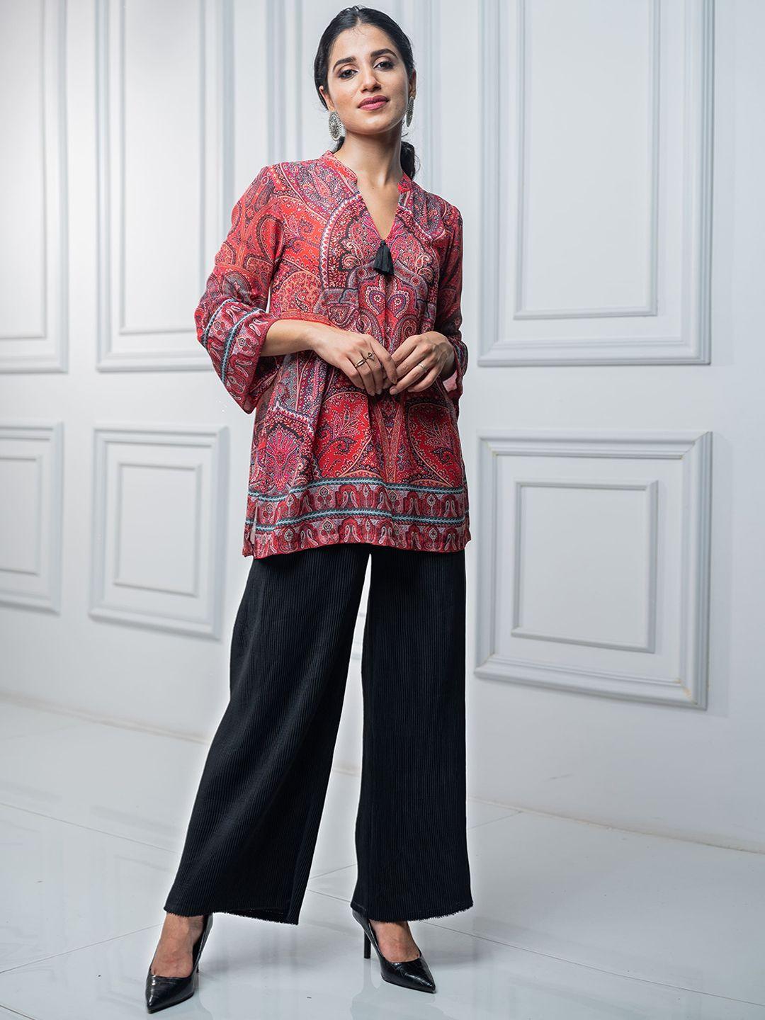 inching india printed v-neck tunic with pleated trousers