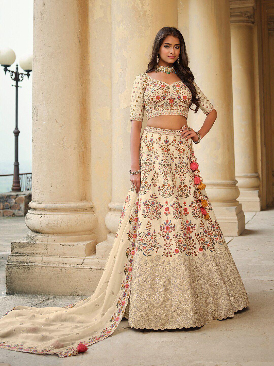 inddus beige embroidered semi-stitched lehenga & unstitched blouse with dupatta