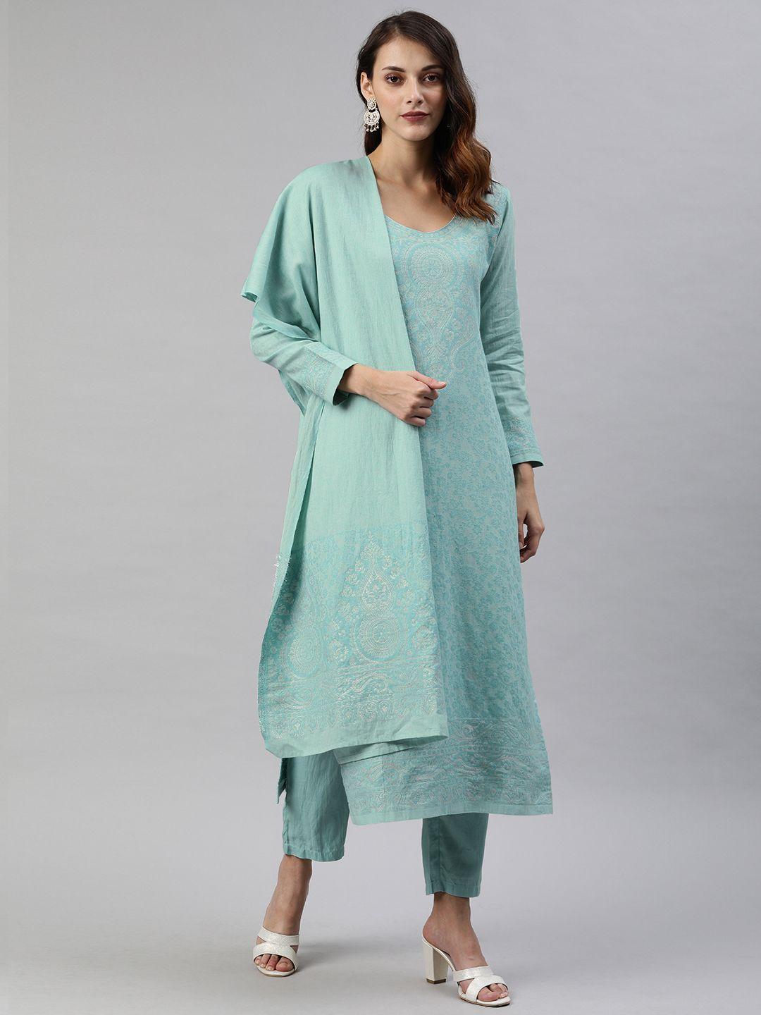 inddus blue & white silk blend woven design unstitched dress material
