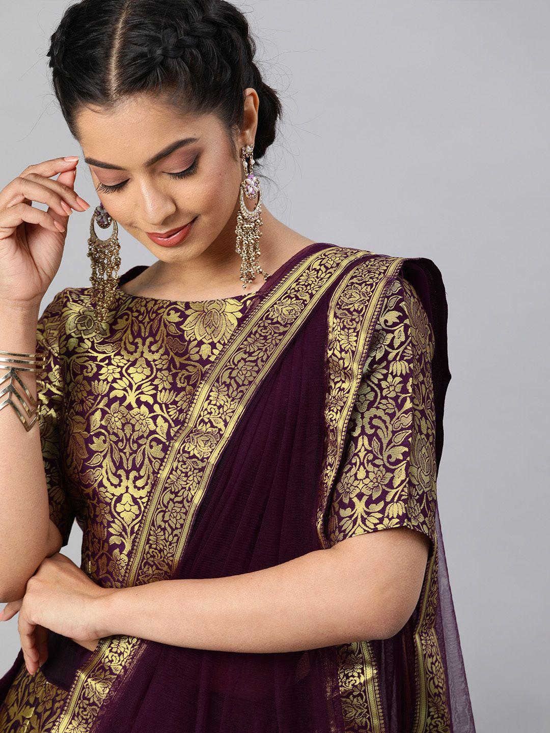 inddus burgundy & gold woven design semi-stitched lehenga & unstitched blouse with dupatta