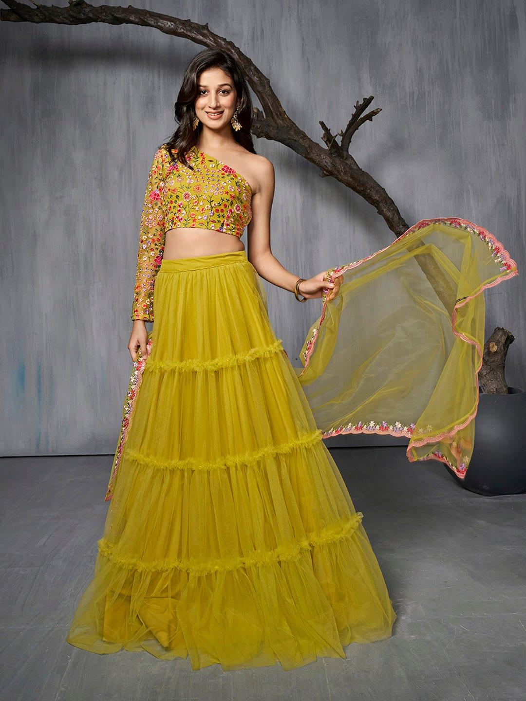 inddus embroidered semi-stitched lehenga & unstitched blouse with dupatta