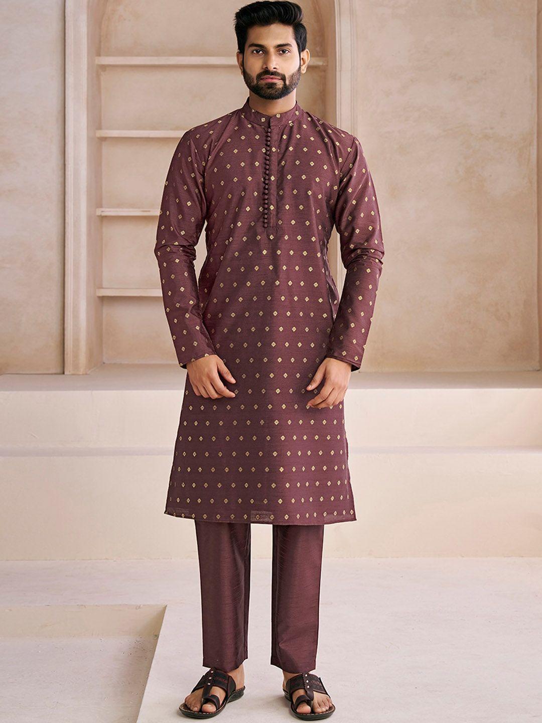 inddus ethnic motifs woven design mandarin collar straight kurta with trousers