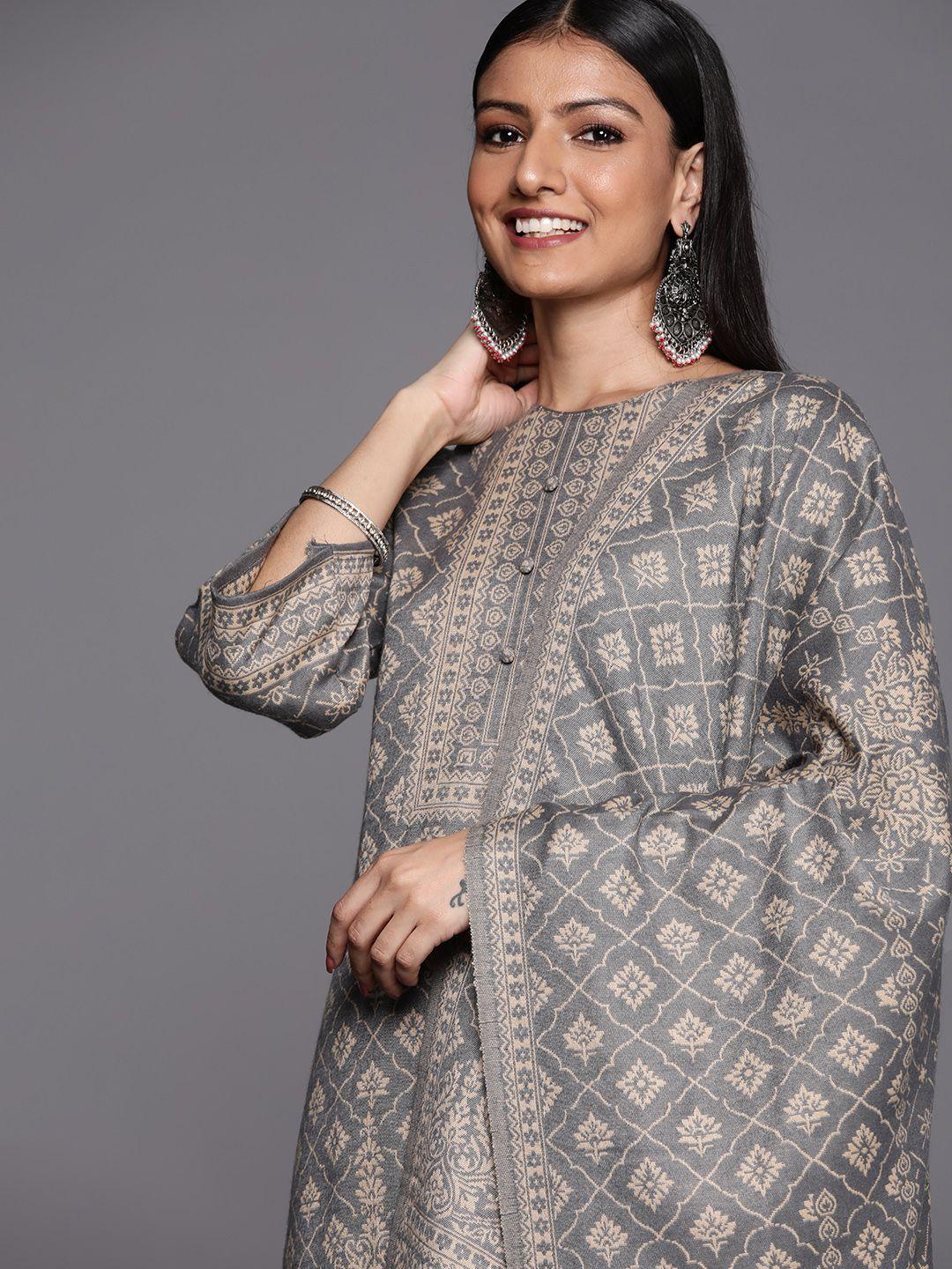 inddus grey & beige printed woven pashmina winter wear unstitched dress material