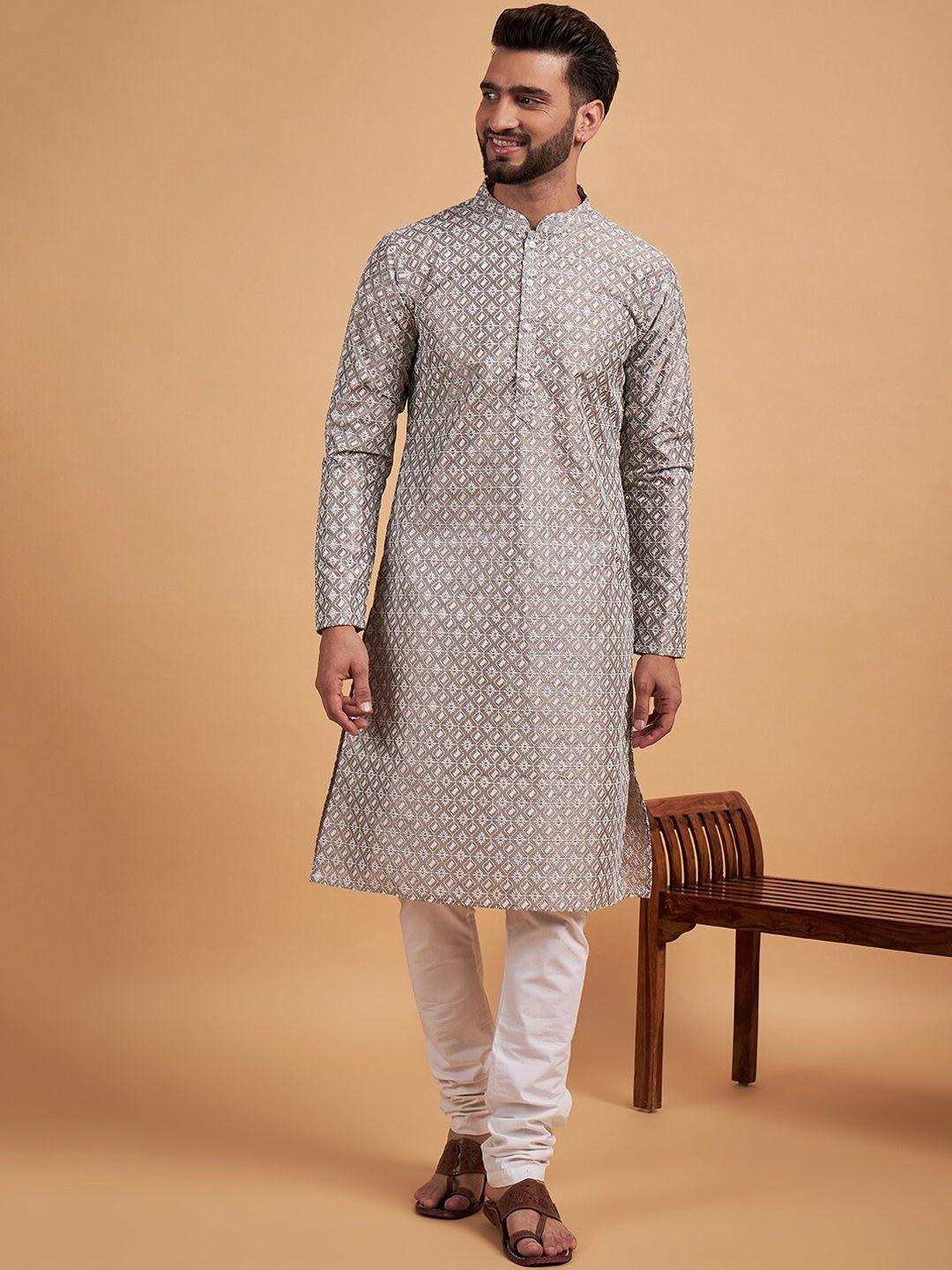 inddus grey ethnic motif embroidered chikankari straight kurta