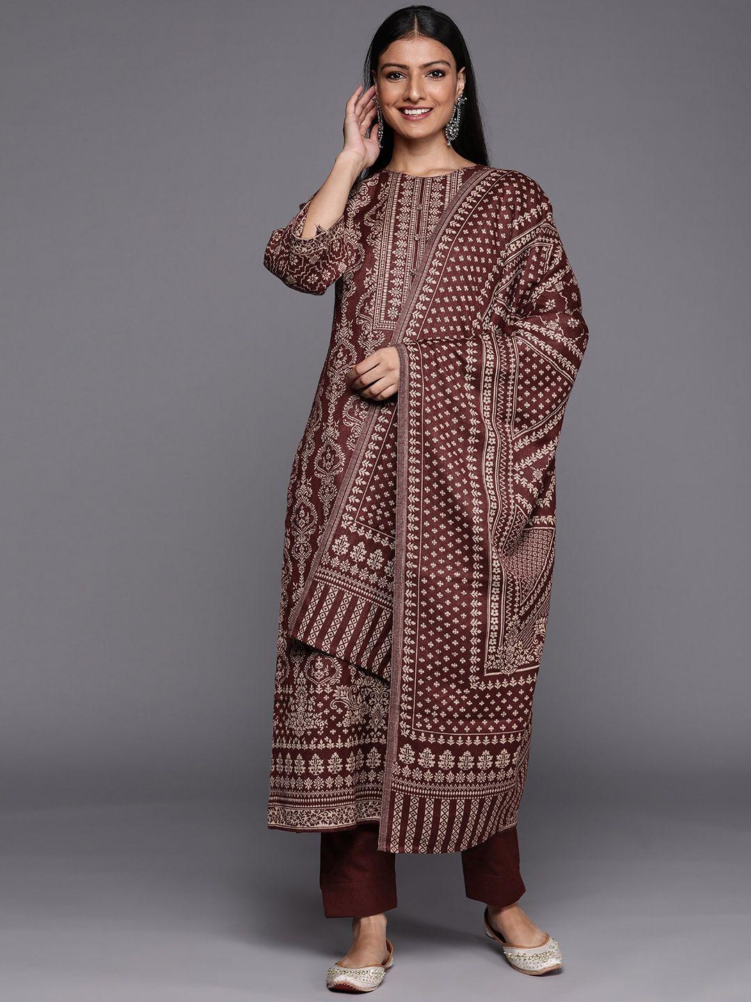 inddus maroon & beige printed woven pashmina winter wear unstitched dress material