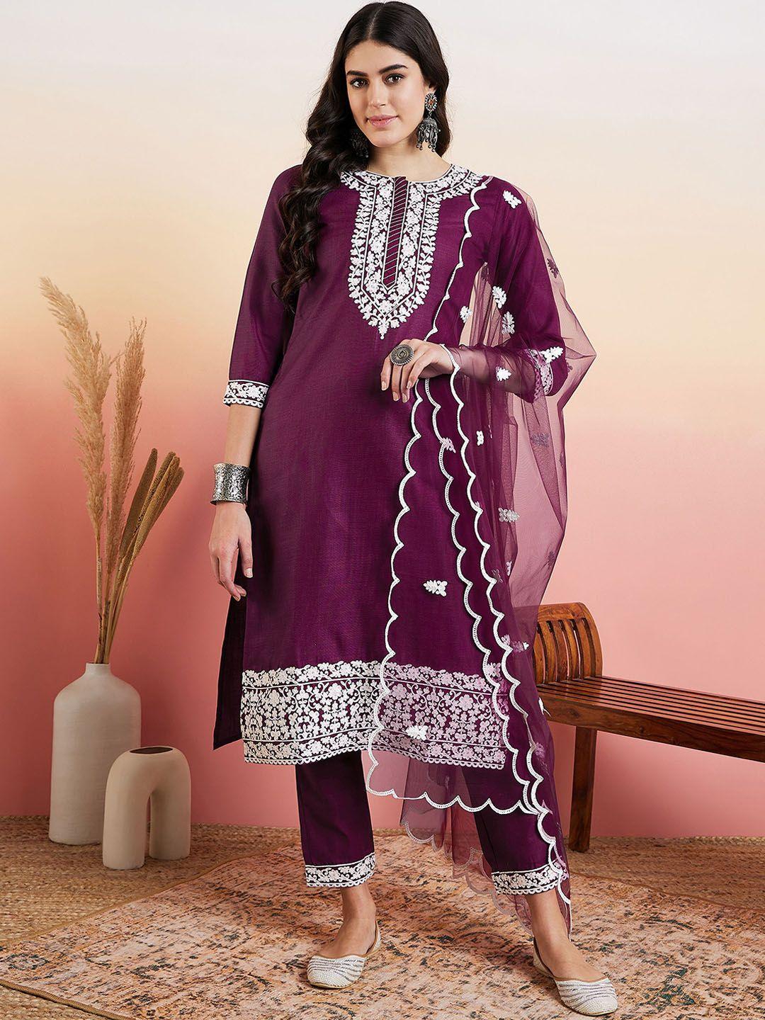 inddus maroon floral embroidered straight thread work kurta with trousers & dupatta