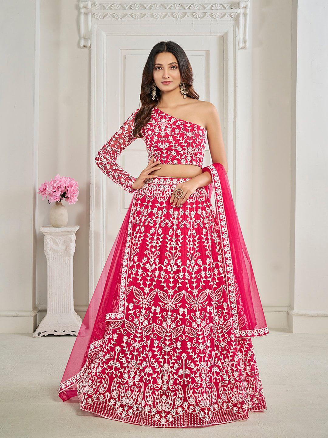 inddus pink embroidered net semi-stitched lehenga & unstitched blouse with dupatta