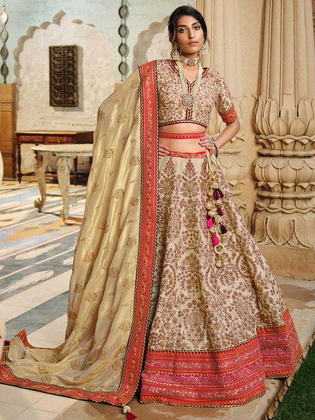 inddus pink embroidered thread work semi-stitched lehenga & unstitched blouse with dupatta